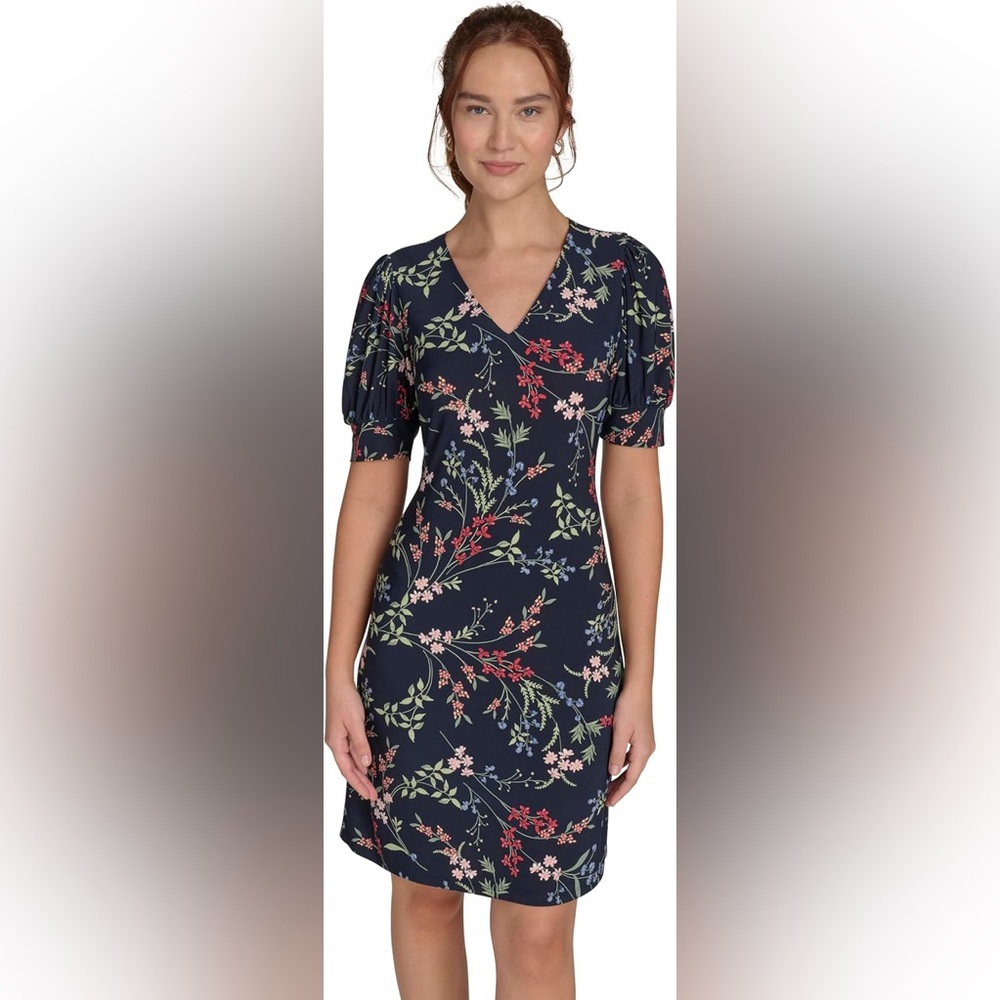 Tommy Hilfiger A-Line Dress 10 NWT Navy Blue Dark Floral Stretch Puff Sleeve